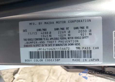 2014 Mazda Mazda6 I Sport z USA, uszkodzony, nr VIN JM1GJ1U62E1156672